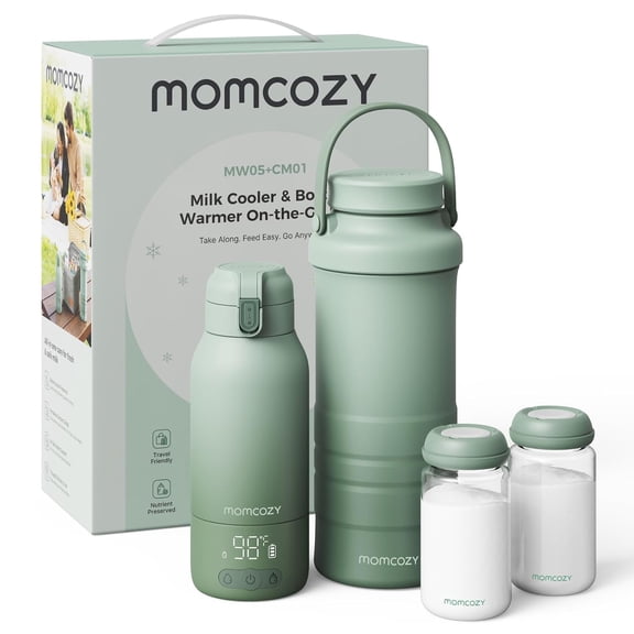 Momcozy Portable Milk Warmer for Travel – Dual Heating Modes for Breast Milk and Momcozy 22oz Portable Breast Milk Cooler for Outdoor, Life Saver with 360° Total Cooling for 24 Hours