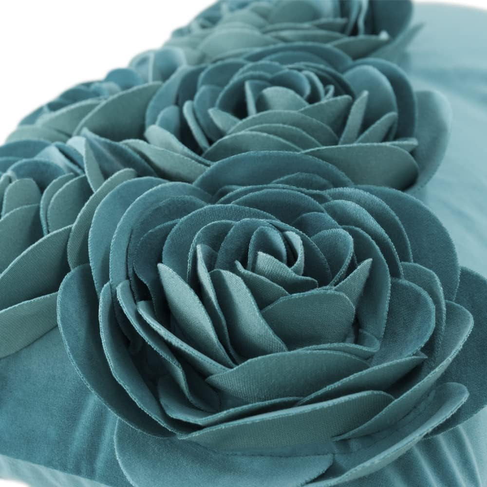 JWH 3D Decorative Lake Blue Velvet Rose Throw Pillow Covers for Sofa Bedroom Decor 12x20inch