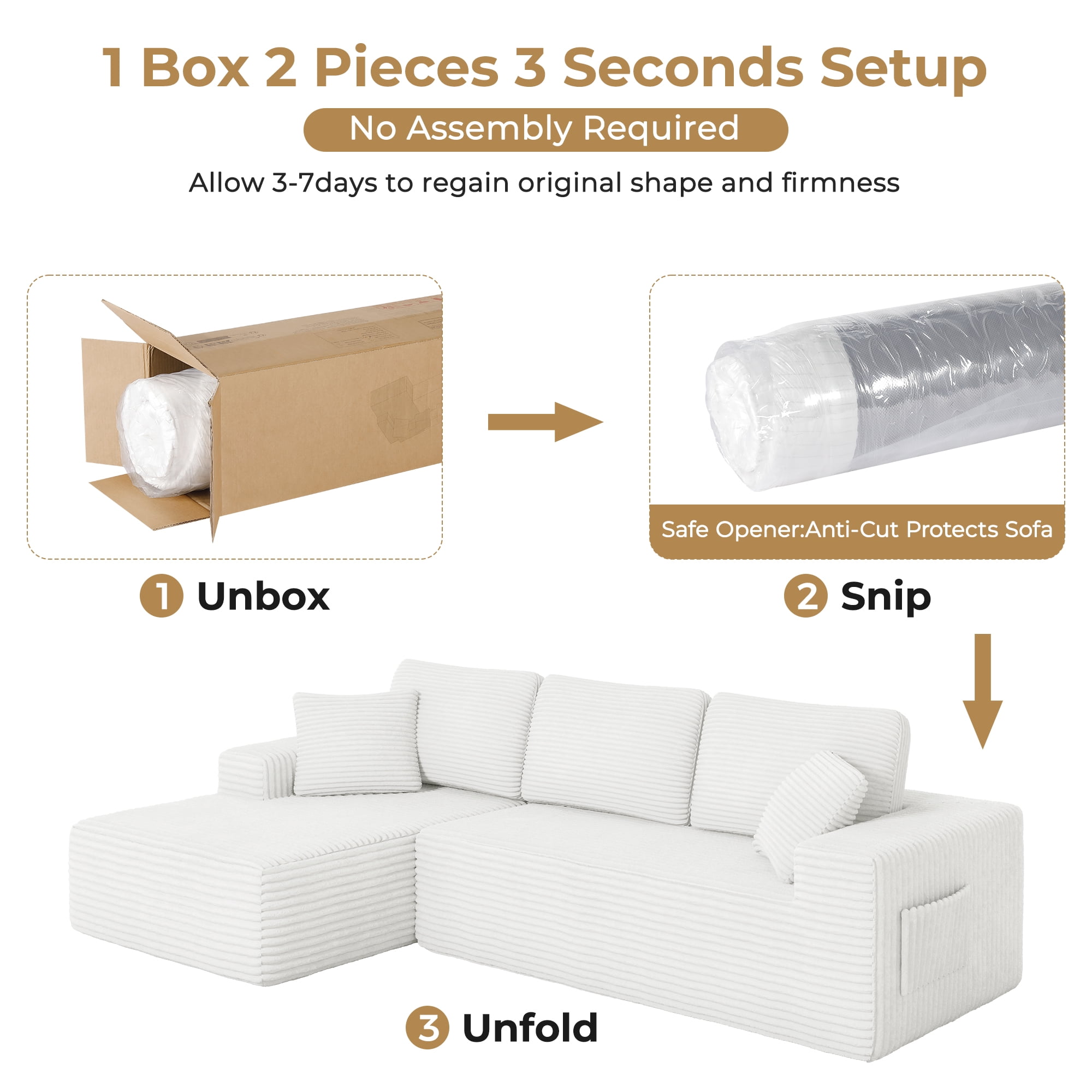 108" Boneless Sofa for Living Room, Neche Modern L-Shaped Corduroy Sectional, Modular Cloud Couch with Deep Seating Upholstered Sofa, Oversized,No Assembly, White