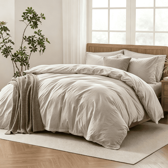 100% Washed Cotton Queen Duvet Cover Set, Queen Size Beige, 3 Pieces, Soft Breathable Bedding Set