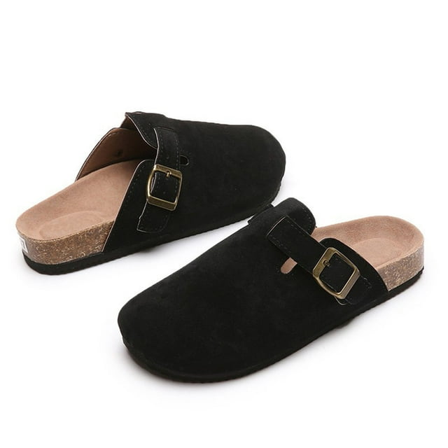 Zapatillas de mujer, clogs & mules de gamuza y piel con soporte en arco, casuales, negro