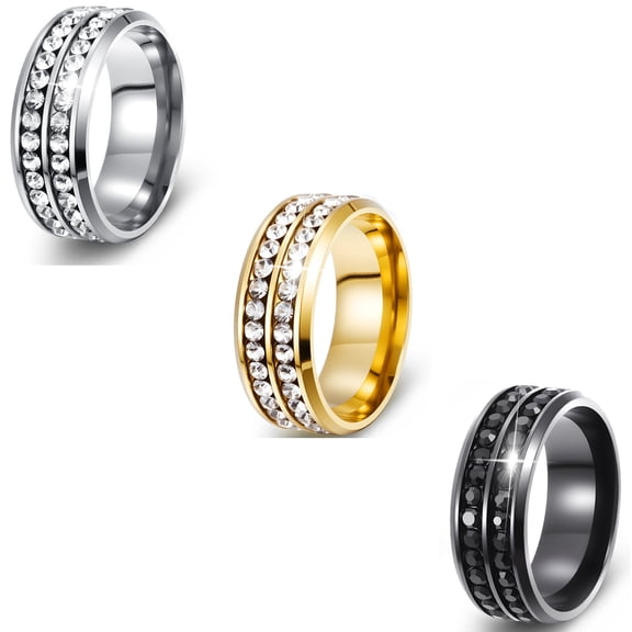 Stainless Steel Rings for Men Women, 3Pcs Simple Engagement Promise Wedding Ring, Gold Silver Black Zircon Ring Set, 8mm Width