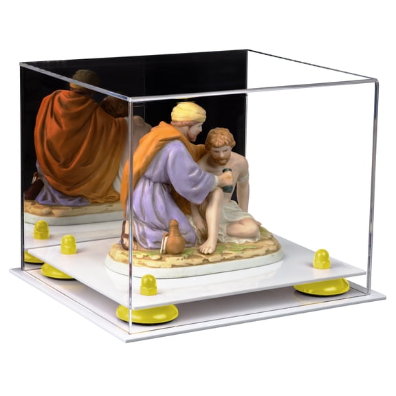 Versatile Acrylic Display Case - Small Rectangle Box with Mirror, Yellow Risers and White Base 8.75" x 7.75" x 7" (A006-YR)