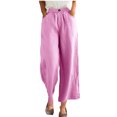 thumbnail image 3 of Jinhomg Womens Linen Pants Dressy Casual Solid Wide Leg Business Pants Baggy Comfy Elastic Waist Palazzo Trousers with Pockets Ladies Workwear Summer Saving Pink S, 3 of 10