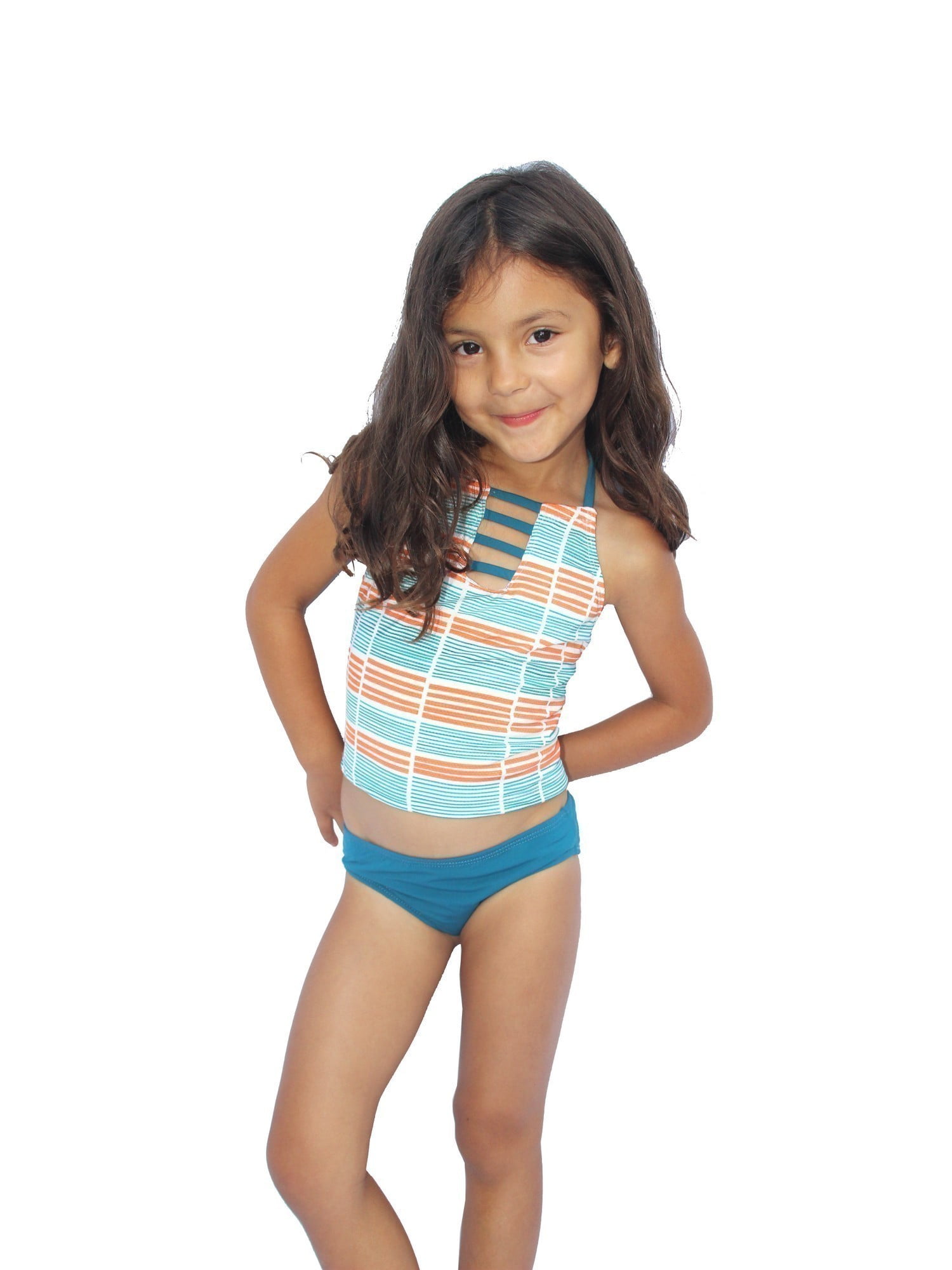 Azul Swimwear Azul Girls Orange Stripe Running Lines Halter 2 Pc