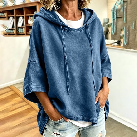 Hoodies for Women Drawstring 3/4 Sleeve Denim Loose Hooded Sports Sweatshirt,Blue,XXL