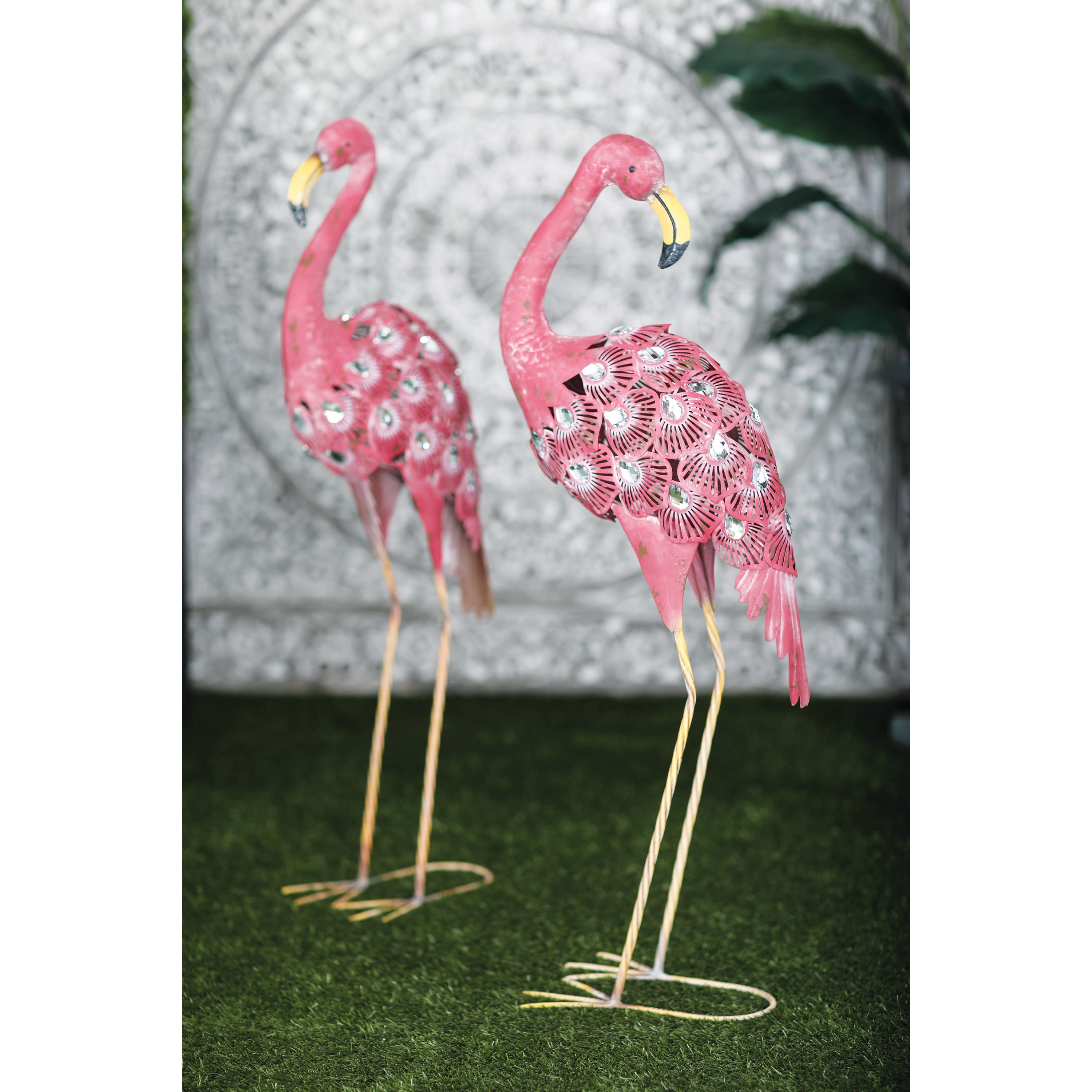 DecMode Coastal Outdoor Metal Standing Pink Flamingo Garden Sculpture, Set of 2 10"W x 38"H
