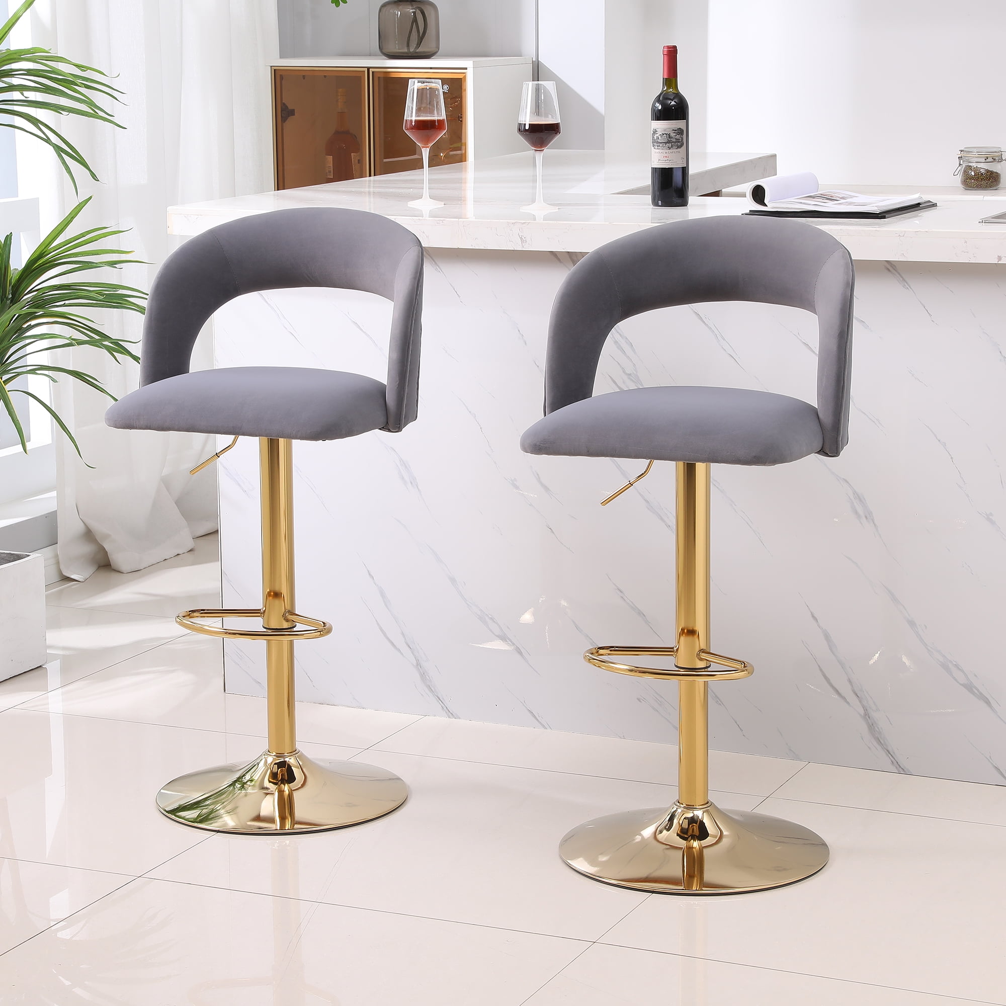 Kadyn Adjustable Tufted Swivel Bar Stool with Back& Footrest for Home, Grey, Set of 2