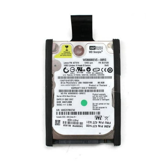 80GB 5400RPM SATA 2.5'' HDD FW:08.01G08, 31DEC2007, DCM: HHCTJHBB, 42T1014, FRU 42T1431