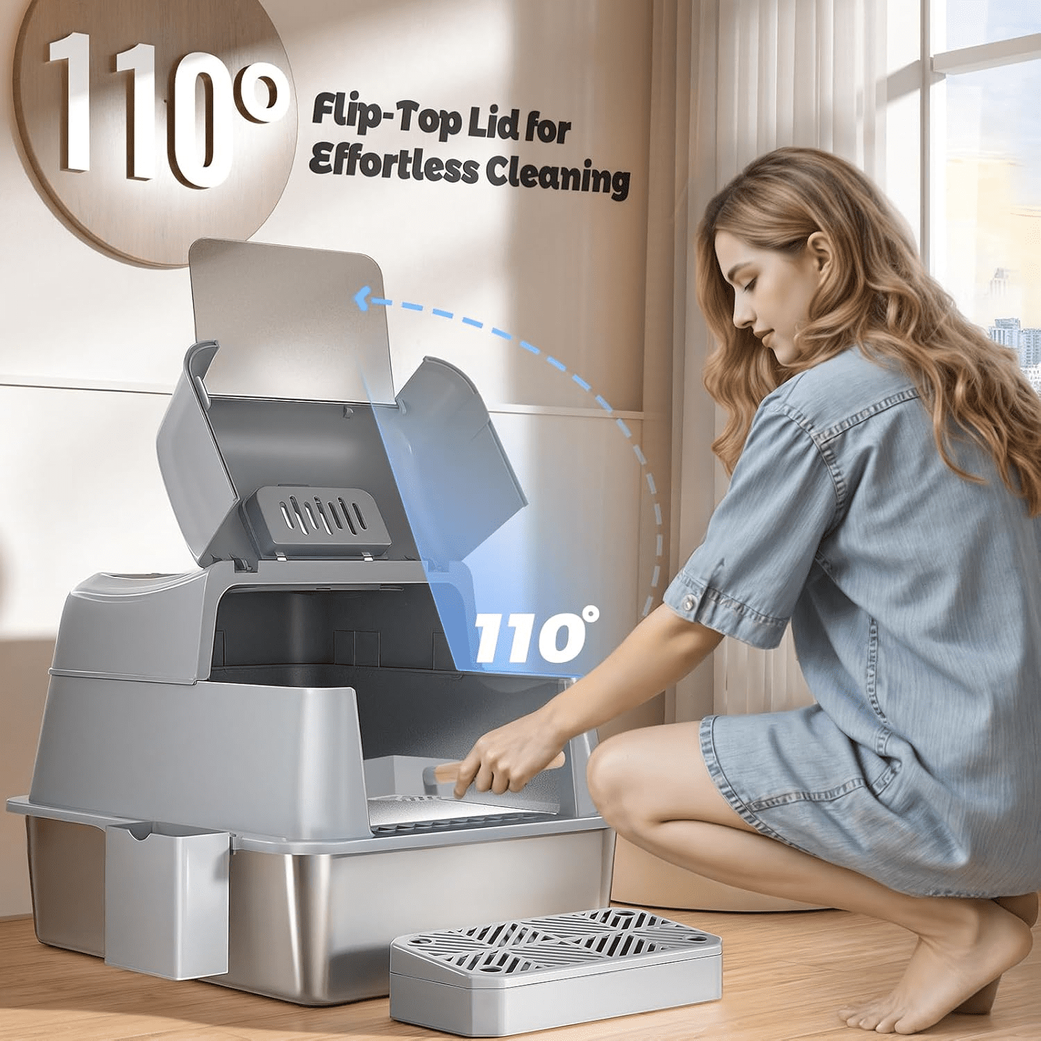 Stainless Steel Cat Litter Box with 110° Flip-Top Lid -XXL Top Entry Enclosed Litter Box for Large Cats with Deodorization Box, Odor-Free, Non-Sticky, Anti-Leak, Removable Lid for Easy Cleaning