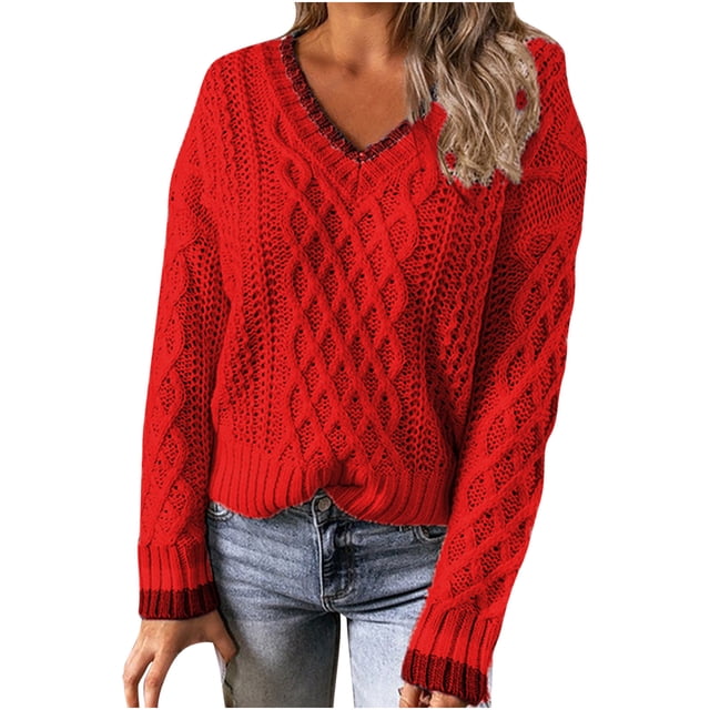 Suéter de manga larga con cuello en V de línea de color sólido de patchwork informal para mujer Blusa Fridja hjk2128
