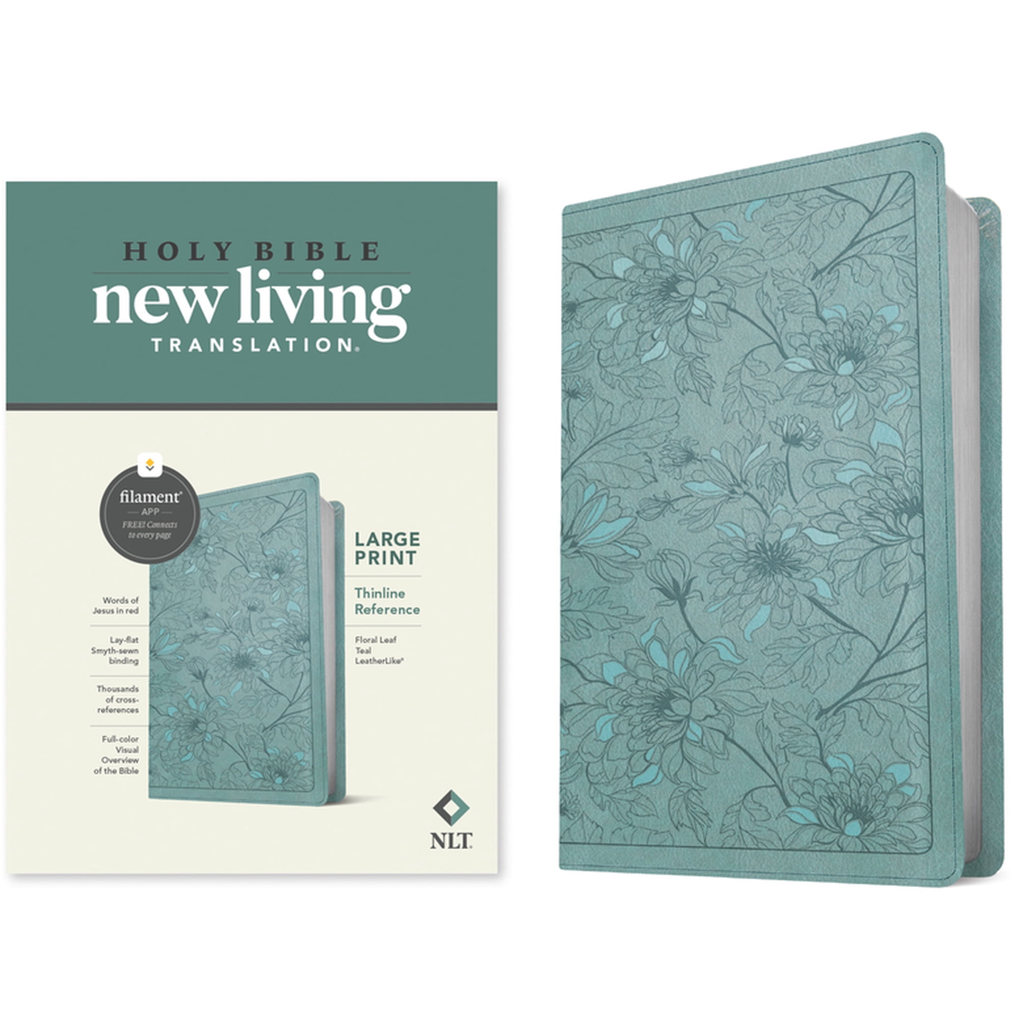 NLT Large Print Thinline Reference Bible, Filament-Enabled Edition (LeatherLike, Floral Leaf Teal, Red Letter) (Hardcover)