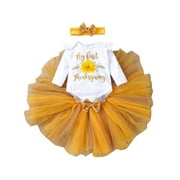 Yinyinxull Infant Baby Girls My 1st Thanksgiving Clothes Sets Letter Romper Tulle Skirt Headband Outfits White 0-3 Months