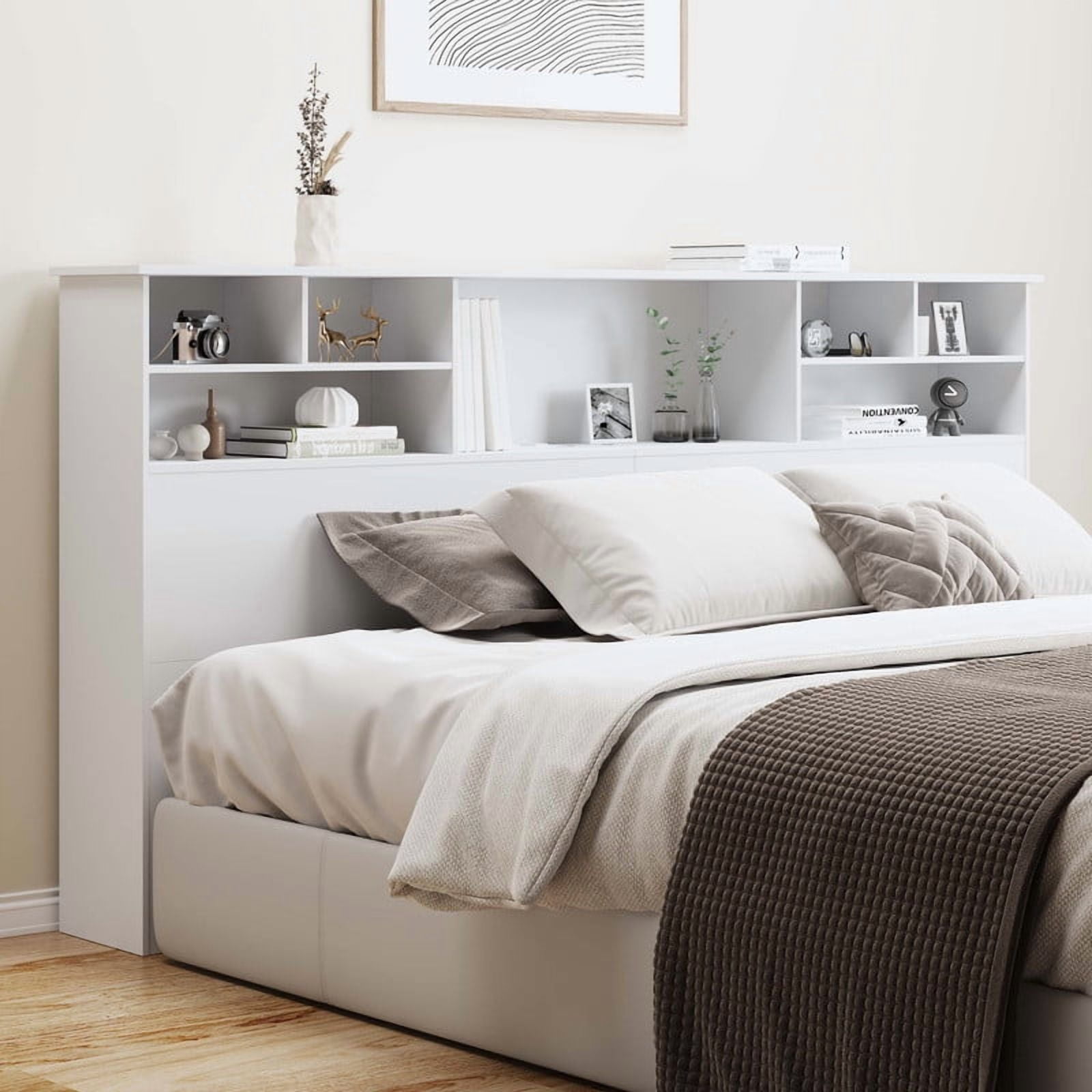 Someet Headboard for King Size with Storage, Bookcase Headboards with USB & Type-C Port & Power Outlets & 2 LED Lights, Durable and Sturdy, White