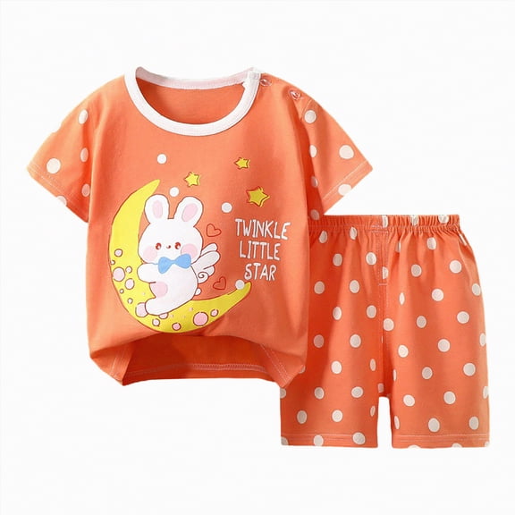 NIEWTR Toddler Baby Summer Clothes Girls Pajamas Letter Print Short Sleeve Shirt Tops and Shorts Set Summer Outfit 2Pcs Pj Set Loungewear(A-Orange,3-6 Months)