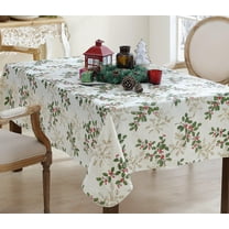 Ivory Golden Holly and Berry Christmas 60 x 84 inch Rectangle Vinyl Flannel Backed Dining Tablecloth