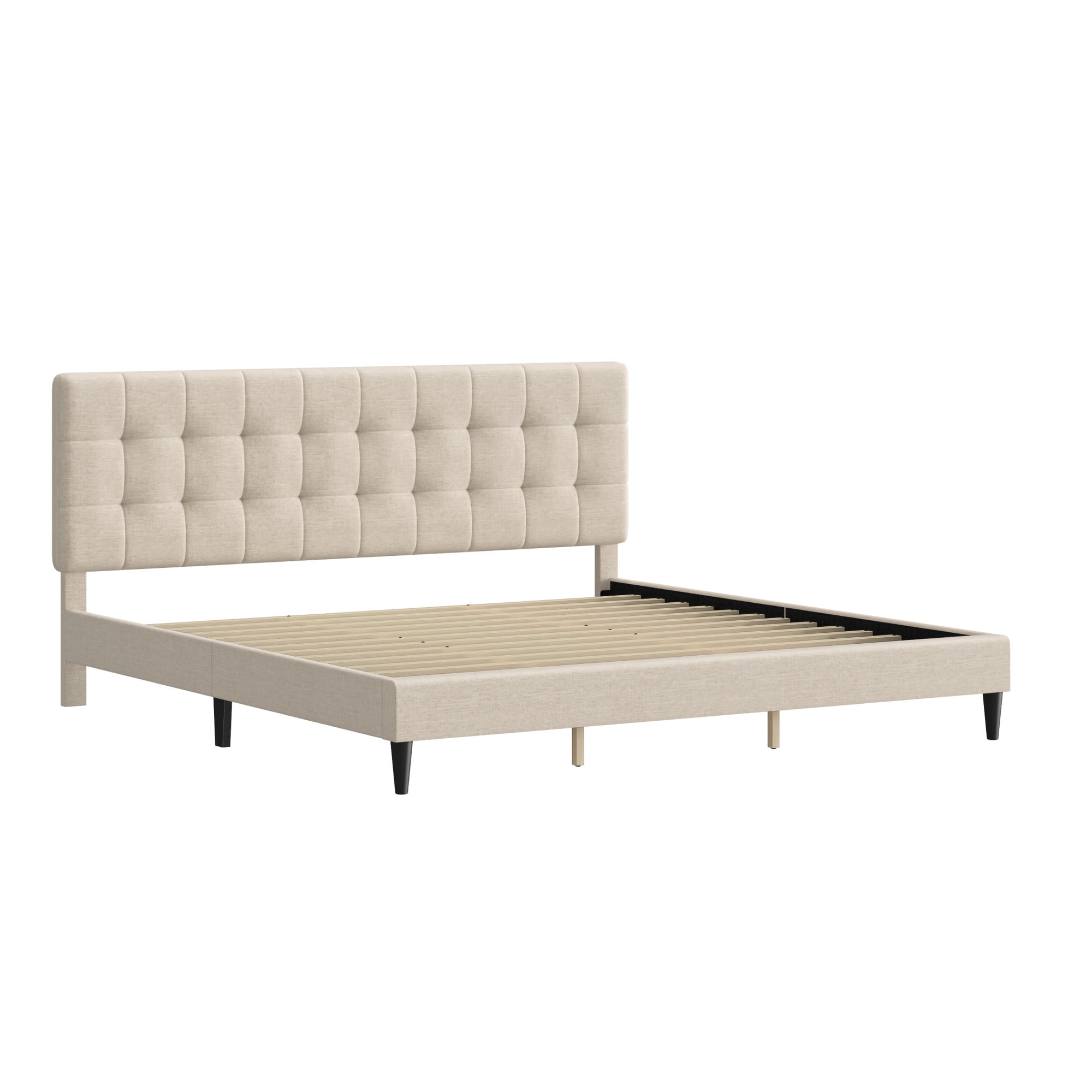 Mainstays Hillside Square Tufted Upholstered King Platform Bed, Ivory Fabric