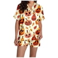 thumbnail image 6 of FASHOFT Women's Silk Satin Halloween Pajamas Set Funny Ghost Pumpkin Printing Short Sleeve Sleepwear Button Down Pjs Loungewear Orange M, 6 of 8