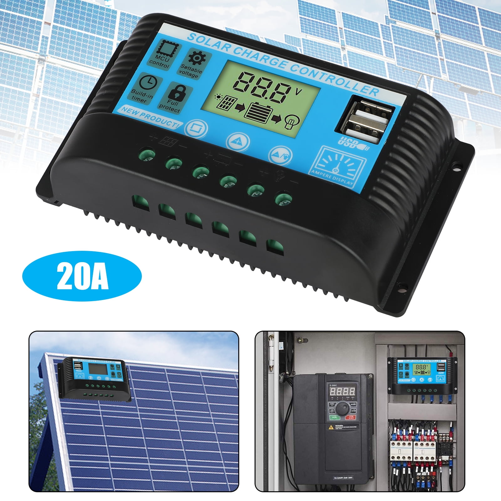PWM 30A Solar Charge Controller 12V 24V LCD Display Dual USB Solar Panel Charger 