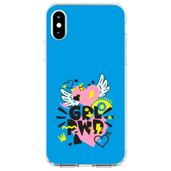 DistinctInk Clear Shockproof Hybrid Case for iPhone XR (6.1" Screen) - TPU Bumper, Acrylic Back, Tempered Glass Screen Protector - Girl Power - GRL PWR - Pink, Blue, Yellow