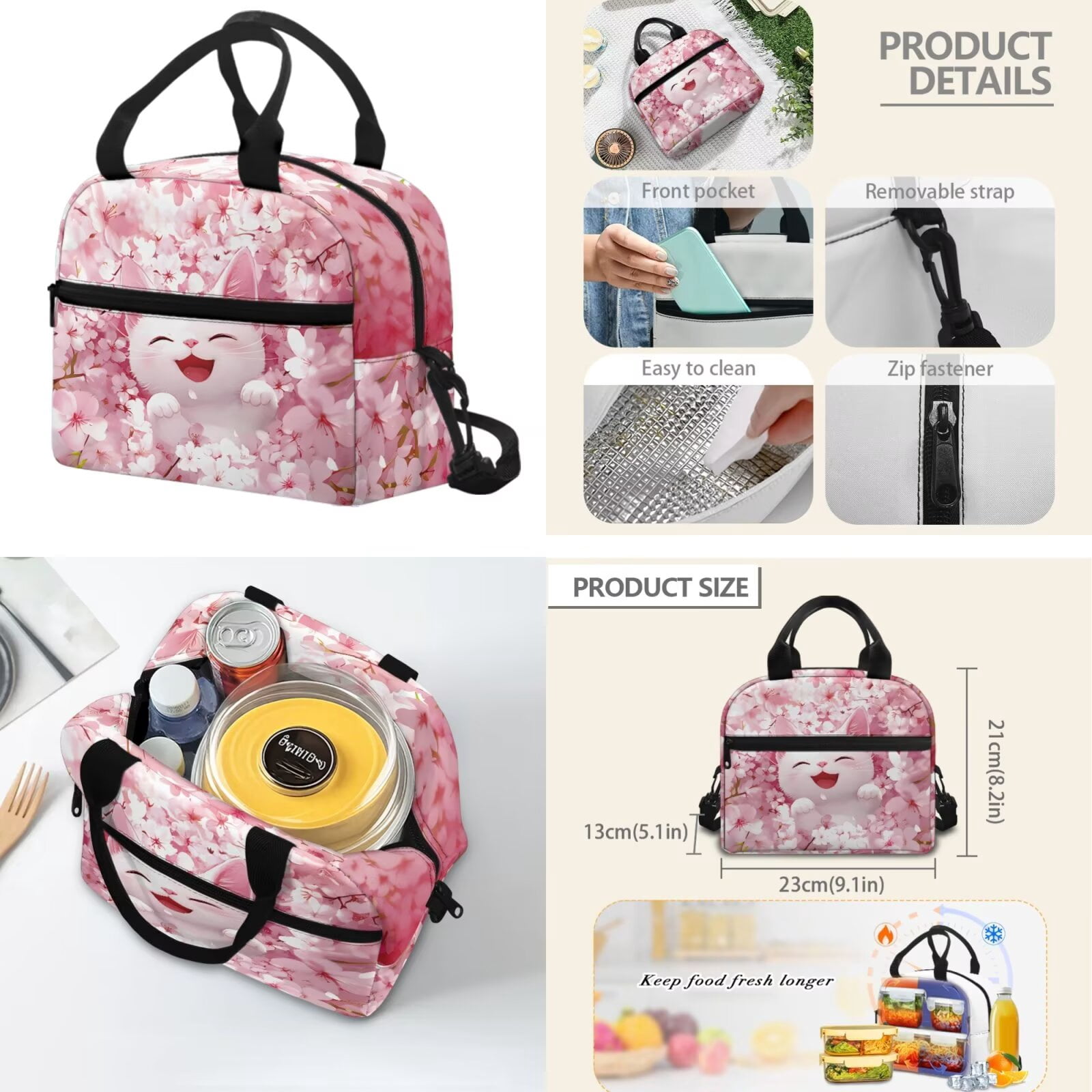 Pzuqiu Cherry Blossom Cat School Backpack Set of 4 Back Pack with Lunch Box Pencil Case Water Bottle Bag Backpacks for School Girls with Adjustable Shoulder Strap Student Bag