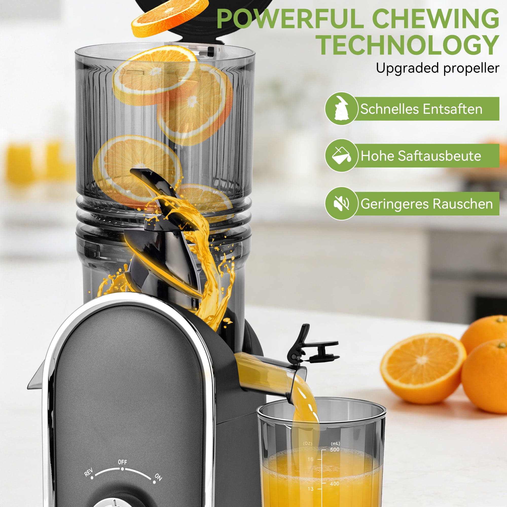 Pukomc Slow Juicer - 300W Cold Press Juicer with 5.3" Wide Chute, One-Touch Operation & Auto Stop, High Juice Yield, Easy Clean, Includes Juice & Pulp Cups(Silver Gray)