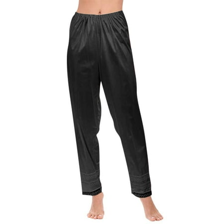 

CenturyX Women s Silk Satin Pajama Pants Lace Wide Legs Palazzo Pants Elastic Waist Loungewear Pj Bottoms Soft Nightwear Trousers Black L