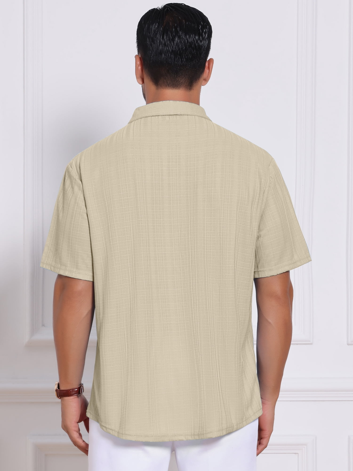 DARING DIVA Men's Texture Short Sleeve Button Down Casual Knitted Shirt S Khaki