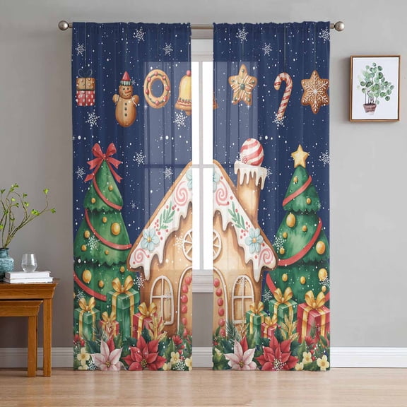 Christmas Tree Sheer Curtains 84 Inches Long, Winter House Snowflake Gingerbread Light Filtering Window Curtains for Living Room/Bedroom, Rod Pocket Voile Sheer Curtain Drapes, 52"W x 84"L, 2 Panels