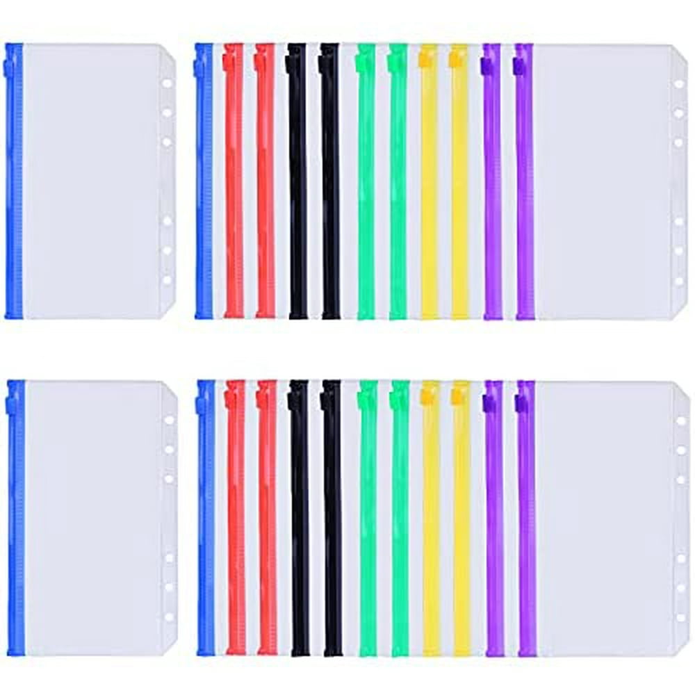 24pcs Binder Pockets A6 Size Multicolor Zipper Cash Envelopes for 6