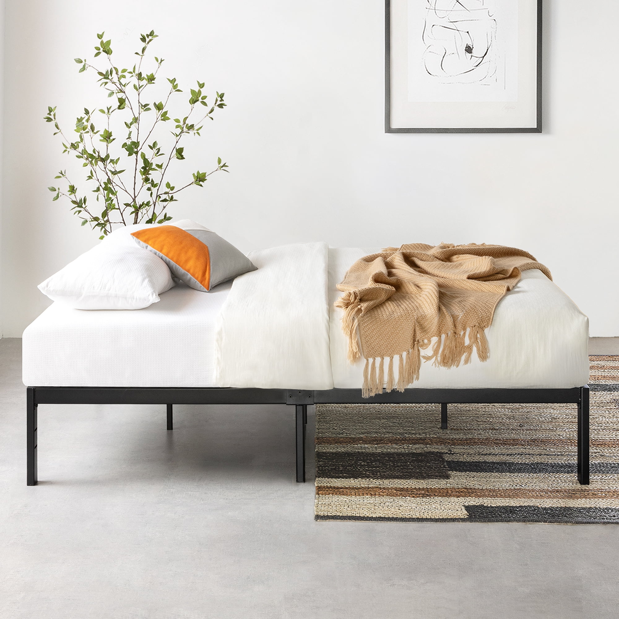 Mellow Rocky Base E Metal Platform Bed, Patented Wide Steel Slats, Black, Queen