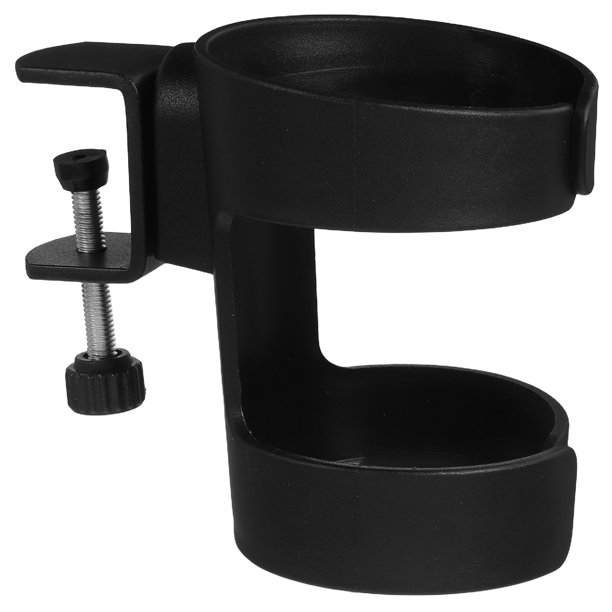 Portavasos ajustable con abrazadera y diseño universal para sujetar de forma segura tazas, botellas y recipientes de bebidas en los bordes de la mesa.