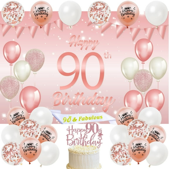 Rose Gold 90th Birthday Decoration, Happy Birthday Party Decorations for Women Rose Gold, Happy 90th Backdrop Balloon Set for 90th Anniversary Birthday Party Supplies Outdoor Yard Decor