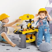 Qaba Play Toy Workbench for Kids 64 Pieces Tools Plus Case Storage Shelf Construction Tool Playset Construction Pretend Play Toy Kit Yellow Gray