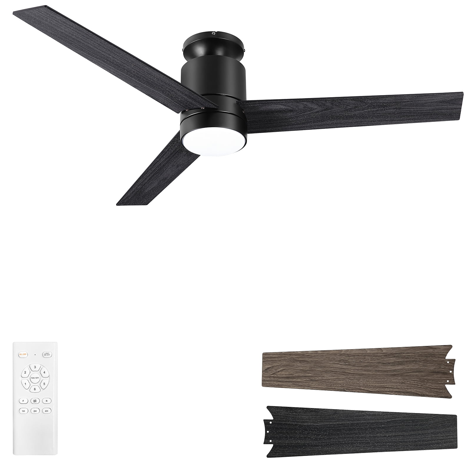 Ohniyou 52 " Flush Mount Ceiling Fans with Light and Remote Low Profile 3 Blades Outdoor Ceiling Fan for Patio Kitchen Bedroom, Black