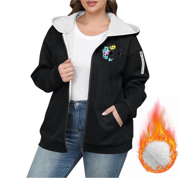 Mceream Fleece Jacket Women Casual Full Zip Up Hoodie Warm Sherpa Lined Sweatshirt Fall Winter Coat with Pockets Plus Size Outwear Chaqueta Acolchada Para Mujer Black XXXXXL
