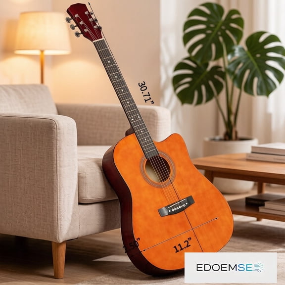 EDOEMSE Acoustic Guitar 41-Inch Dreadnought Barrel-Shaped Cutaway Body Brown Finish All-Basswood Body