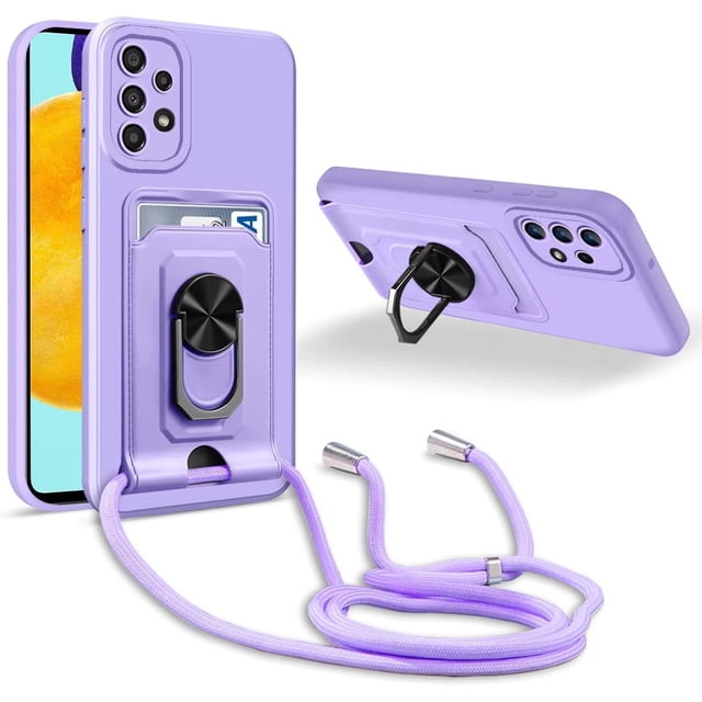 Funda con Cordón para Collar Compatible con Samsung Galaxy A52 4G/5G/A52s 5G, Soporte de Anillo de 360° con Ranura para Tarjeta Protección de cámara Funda de Silicona-Púrpura JM