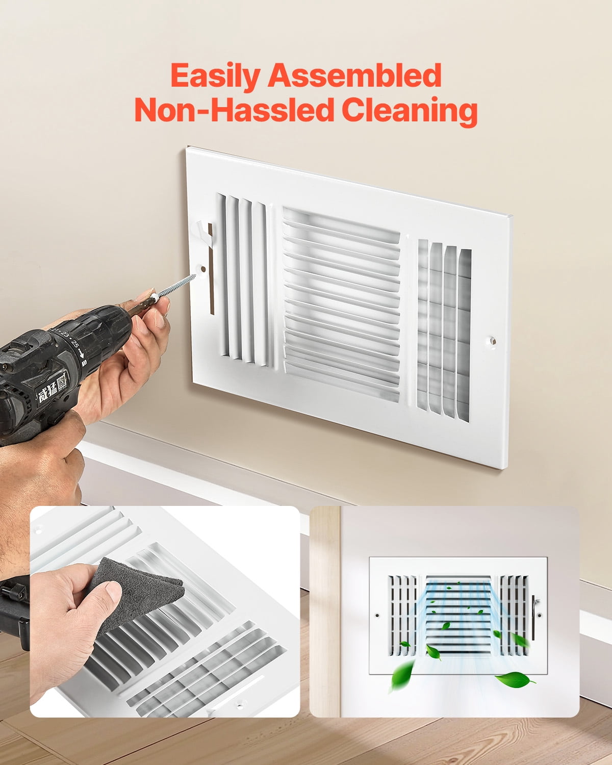 VEVOR 6 x 10 Inch Floor Registers, 6-Pack Floor Vents,HVAC 3-Direction Iron Vent Grilles for Home/Office Wall & Ceiling,Rustproof Anti-Peeling Air Vents Deflector Adjustable with Metal Damper,White