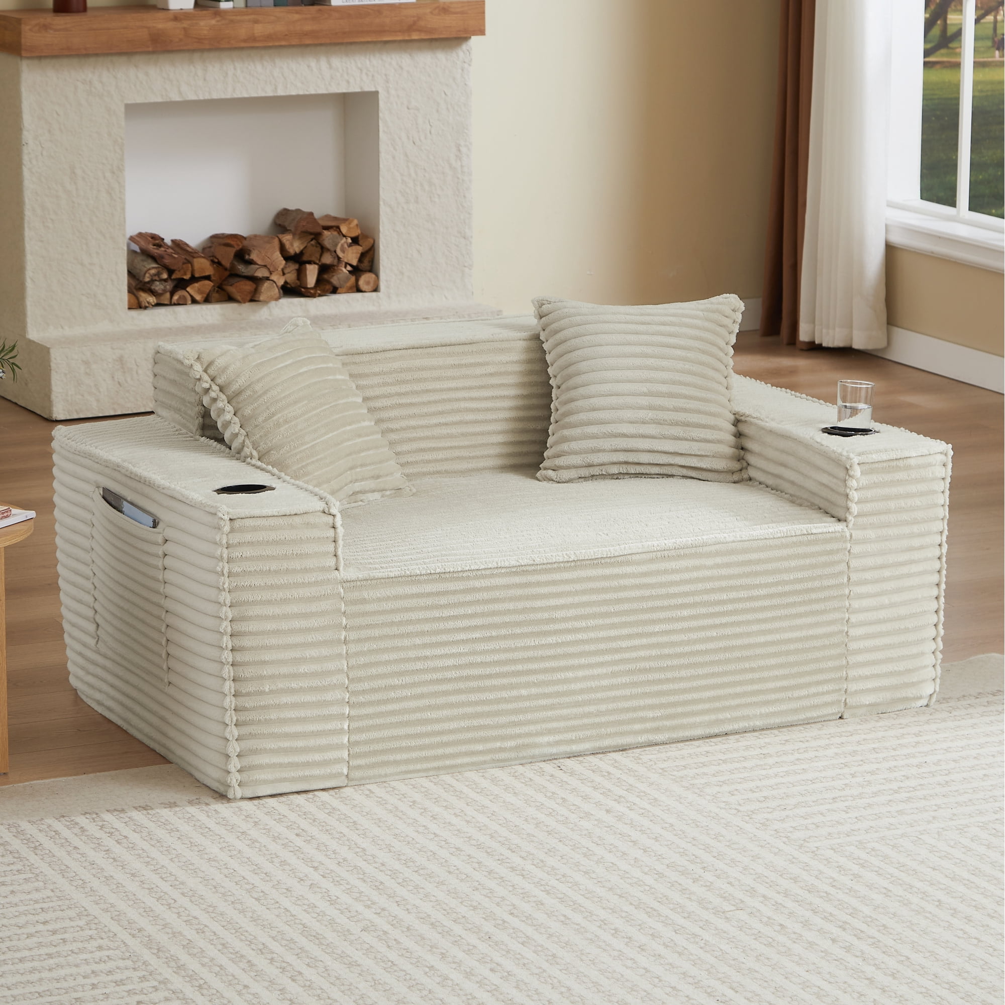Leumius 2 Seater Cloud Sofa,Boneless Couch with Cupholders,Upholstered Corduroy Fabric Modern Loveseat with Deep Seats for Living Room Bedroom,No Assembly Needed,Camel