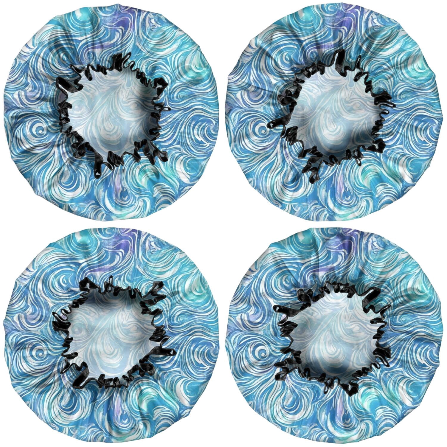 Shower Caps,Blue White Tie Dye Wave Pattern Waterproof Shower Cap for Women 4 Pieces,Double Reusable Hair Cover for Shower PEVA Elastic Stretch Hem