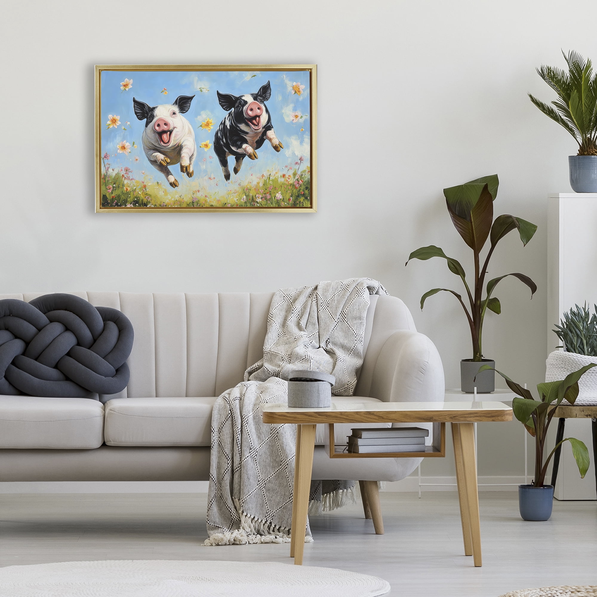 Stupell Industries Flying Pigs & Flowers Gold Framed Floater Canvas Wall Art, design by The Wands Want