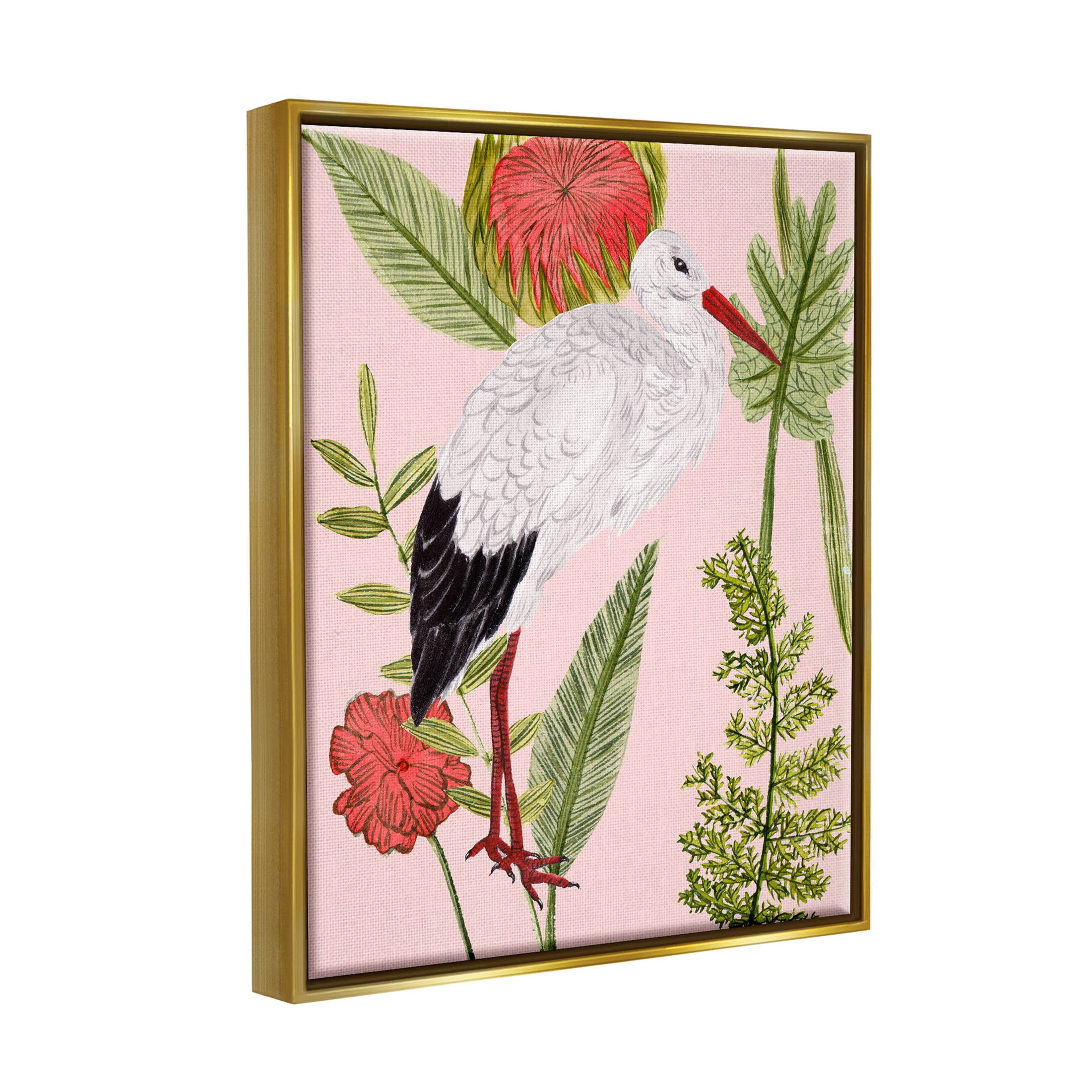 Stupell Industries Pink Varied Botanical Bird Graphic Art Metallic Gold Floating Framed Canvas Print Wall Art, Design by Melissa Wang
