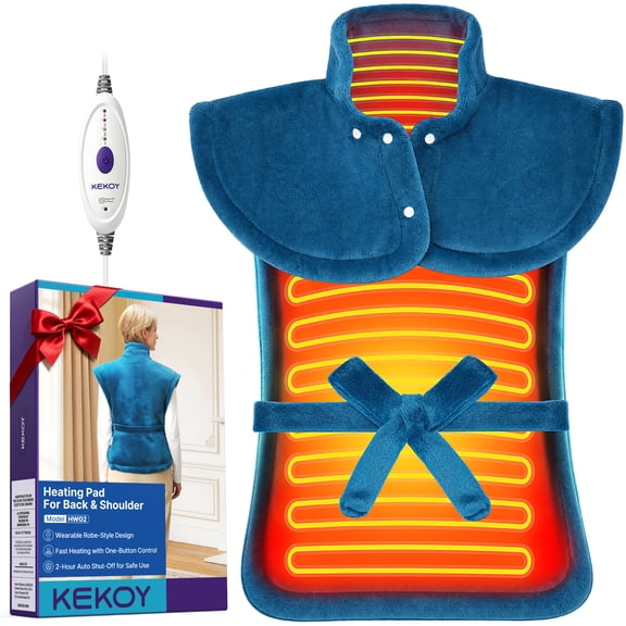 KEKOY Heating Pad for Back, Neck & Shoulders Pain Relief, Wearable Electric Heat Pad with Detachable Belt, 4 Heat Settings, 2-Hour Auto Shut-Off, Fast Heating, 24"x33", Blue