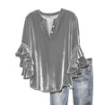 thumbnail image 2 of Women's Velvet Flare Sleeve Top, V Neck Button Detail Three Quarter Sleeve Blouse, Luxe Pullover for Evening or Holiday Events, Light Gray - S, 2 of 7