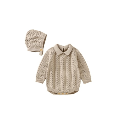 

Pudcoco Baby Long Sleeve Knitted Romper Solid Color Triangle Jumpsuits Cap