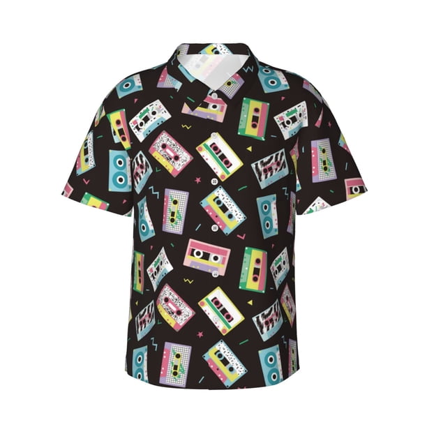 Balery Colorful Retro Tape Camisas hawaianas de manga corta para hombre, camisas playeras de corte holgado, camisas de vacaciones con botones,Large