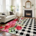 thumbnail image 3 of Area Rug for Living Room, Pink Roses Valentine's Day Non-Slip Indoor Large Carpet for Bedroom/Dining Room, Black White Plaid Spring Floral Washable Low-Profile Rectangle Floor Runner Rugs - 5 x 7 Ft, 3 of 7