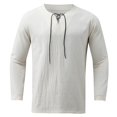 thumbnail image 3 of TrendOFT Mens Cotton Linen Henley Shirts Long Sleeve Hippie Casual Solid Beach T-Shirts Beige L, 3 of 7