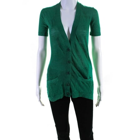 

Pre-owned|Theory Womens V Neck Short Sleeve Button Down Linen Cardigan Green Size Petite